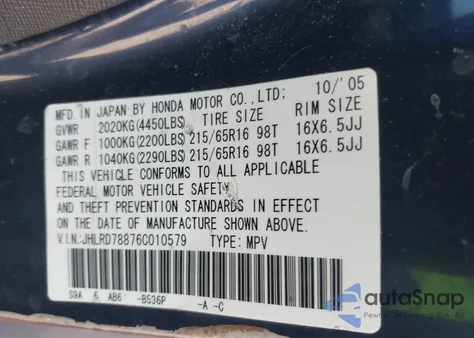 2006 Honda Cr-V Ex from USA, damaged, VIN JHLRD78876C010579